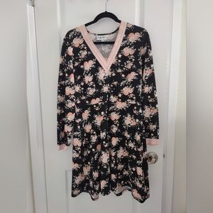 Floral black and pink v neck long sleeve dress